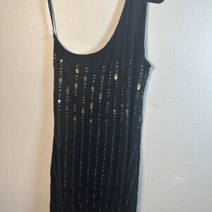 One Shoulder Knit Embellished Black Dress